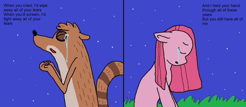 Size: 1480x644 | Tagged: safe, artist:artistically-gay, derpibooru import, pinkie pie, earth pony, pony, raccoon, crossover, crossover shipping, female, image, jpeg, male, regular show, rigby, rigbypie, shipping, straight, text