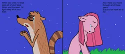 Size: 1480x644 | Tagged: safe, artist:artistically-gay, derpibooru import, pinkie pie, earth pony, pony, raccoon, crossover, crossover shipping, female, image, jpeg, male, regular show, rigby, rigbypie, shipping, straight, text