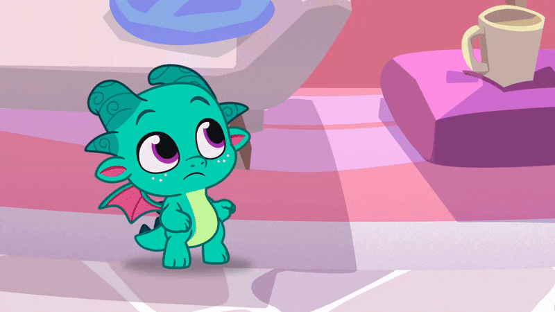 Size: 800x450 | Tagged: safe, derpibooru import, screencap, pipp petals, sparky sparkeroni, dragon, my little pony: tell your tale, spoiler:g5, spoiler:my little pony: tell your tale, spoiler:tyts01e35, animated, baby, baby dragon, cup, excited, g5, gif, happy, image, musical instrument, open mouth, open smile, panic on harvest & hugs day, red face, smiling, table, tired, tongue out, trumpet, youtube link