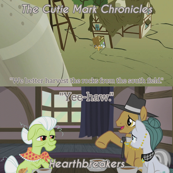 Size: 3072x3072 | Tagged: safe, derpibooru import, edit, edited screencap, editor:itsmgh1203, screencap, cloudy quartz, granny smith, igneous rock pie, limestone pie, earth pony, pony, hearthbreakers, season 1, season 5, the cutie mark chronicles, female, filly, foal, hat, image, jpeg, male, mare, open mouth, open smile, smiling, stallion, text