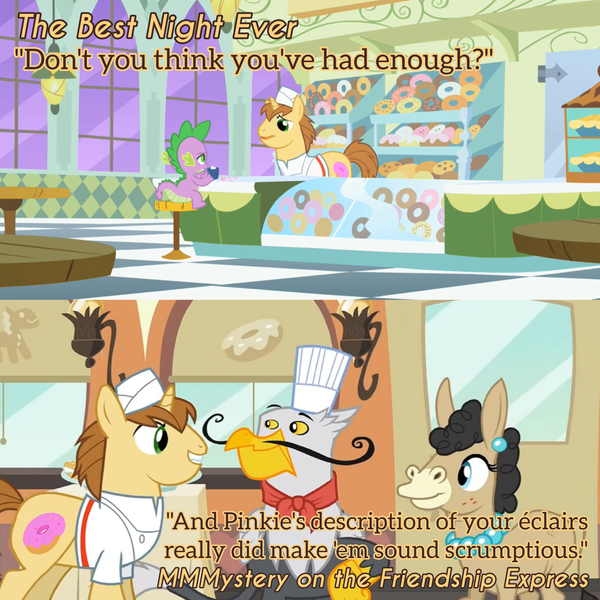 Size: 3072x3072 | Tagged: safe, derpibooru import, edit, edited screencap, editor:itsmgh1203, screencap, donut joe, gustave le grande, mulia mild, spike, donkey, dragon, gryphon, pony, unicorn, mmmystery on the friendship express, season 1, season 2, the best night ever, chef's hat, donut, female, food, friendship express, hat, image, jpeg, locomotive, male, open mouth, smiling, stallion, steam locomotive, text, train