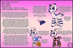 Size: 1095x730 | Tagged: safe, artist:dice-warwick, derpibooru import, oc, oc:pecan harvester, hybrid, zony, fallout equestria, black panties, boots, clothes, dark color tongue, ear piercing, eyebrow piercing, fishnets, image, jpeg, overalls, piercing, pink panties, prostitution, reference sheet, shoes, solo, stripes, tongue out, tongue piercing, underwear