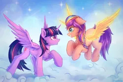 Size: 3000x2000 | Tagged: safe, artist:adagiostring, derpibooru import, sunny starscout, twilight sparkle, twilight sparkle (alicorn), alicorn, pony, my little pony: a new generation, artificial horn, artificial wings, augmented, cannon, chest fluff, cloud, couple, crossover, cute, duo, duo female, female, g4, g5, horn, image, magic, magic horn, magic wings, meeting, png, race swap, stars, sunny and her heroine, sunnycorn, wings