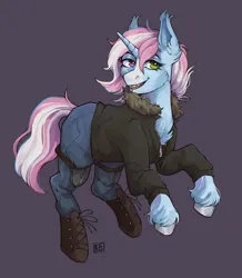 Size: 1946x2235 | Tagged: safe, artist:karamboll, derpibooru import, oc, unicorn, boots, braces, chest fluff, clothes, commission, denim, heterochromia, hooves, image, jacket, jeans, pants, png, shoes, smiling, solo