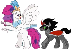 Size: 3264x2313 | Tagged: safe, artist:supahdonarudo, derpibooru import, king sombra, queen novo, classical hippogriff, hippogriff, unicorn, my little pony: the movie, angry, cape, charge, clothes, image, png, rearing, simple background, the crystal empire 10th anniversary, transparent background