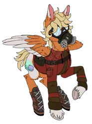 Size: 723x975 | Tagged: safe, artist:cackling-beast, derpibooru import, oc, pegasus, fallout equestria, bag, blonde mane, boots, clothes, colored wings, gas mask, goggles, image, jacket, mask, orange coat, png, scar, shoes, short mane, simple background, solo, spread wings, transparent background, two toned coat, two toned wings, unshorn fetlocks, watermark, wings