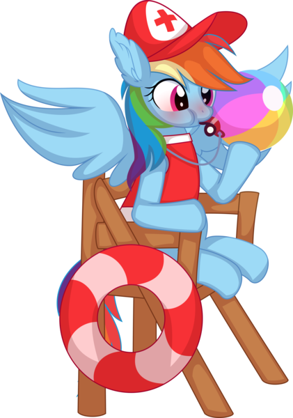 Size: 6088x8669 | Tagged: safe, artist:cyanlightning, derpibooru import, rainbow dash, pegasus, pony, absurd resolution, baseball cap, baywatch, beach ball, blowing whistle, blushing, cap, chair, clothes, commission, cute, dashabetes, ear fluff, eyes open, female, floatie, floaty, hat, image, inner tube, lifeguard, lifeguard dash, mare, mouth hold, png, puffy cheeks, rainblow dash, rainbow dashs coaching whistle, red cross, red face, shirt, simple background, sitting, solo, spread wings, swimming pool, swimsuit, that pony sure does love whistles, transparent background, whistle, whistle necklace, whistling, wings