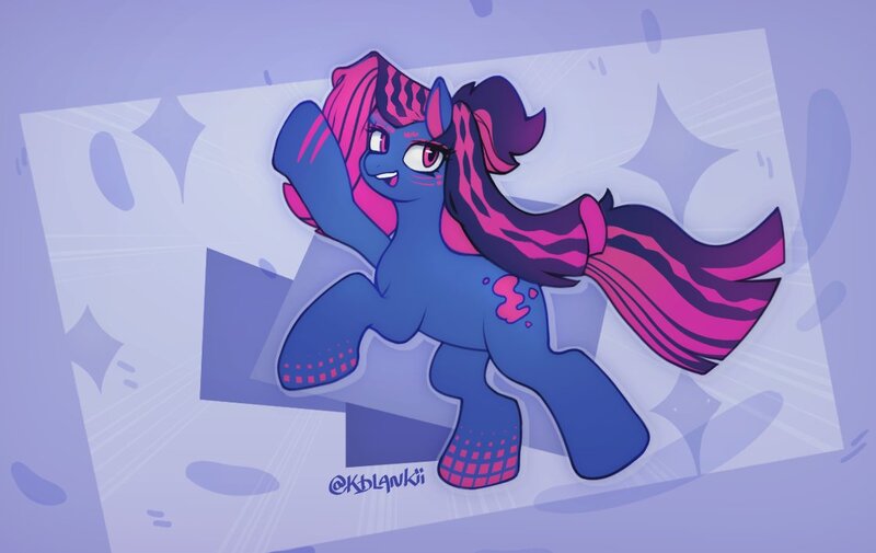 Size: 1123x709 | Tagged: safe, artist:kblankii, derpibooru import, earth pony, pony, blue skin, dark skin, female, image, jpeg, looking at you, mare, open mouth, pink hair, raised hoof, red eyes, smiling, teeth