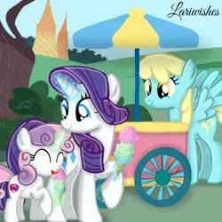 Size: 1000x1000 | Tagged: safe, artist:mlplary6, derpibooru import, rarity, sassaflash, sweetie belle, pegasus, pony, unicorn, female, filly, foal, food, ice cream, image, mare, png, siblings, sisters, smiling