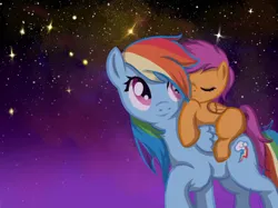 Size: 641x479 | Tagged: safe, artist:jesuka, derpibooru import, rainbow dash, scootaloo, pegasus, pony, blank flank, cute, cutealoo, eyes closed, female, filly, foal, folded wings, image, jpeg, mare, night, piggyback ride, ponies riding ponies, riding, scootaloo riding rainbow dash, scootalove, sleeping, starry night, stars, wings
