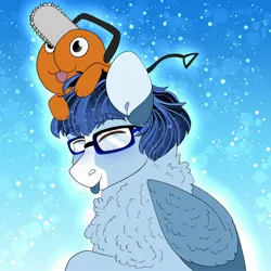 Size: 2000x2000 | Tagged: safe, artist:inisealga, derpibooru import, oc, oc:soaring spirit, pegasus, pony, :p, abstract background, accessories, anime, chainsaw, chainsaw man, chest fluff, coat markings, colored wings, duo, ear fluff, facial markings, glasses, gradient background, image, jpeg, male, markings, multicolored hair, multicolored mane, multicolored wings, neck fluff, pegasus oc, pochita, stallion, tongue out, wing fluff, wings