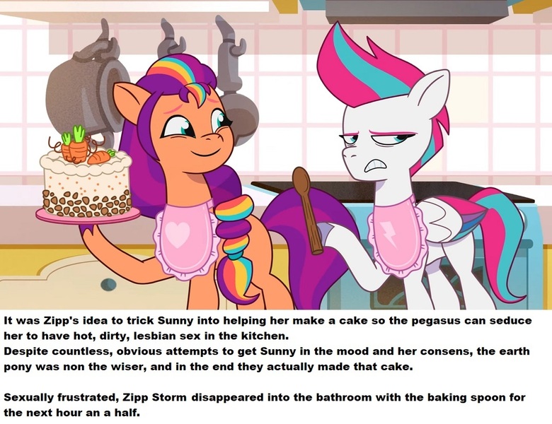 Size: 1076x828 | Tagged: questionable, derpibooru import, screencap, sunny starscout, zipp storm, earth pony, pegasus, pony, my little pony: tell your tale, spoiler:g5, spoiler:my little pony: tell your tale, spoiler:tyts01e35, apron, cake, carrot, carrot cake (food), clothes, duo, duo female, female, food, g5, hoof hold, image, implied masturbation, jpeg, lesbian, mare, panic on harvest & hugs day, ponestrip, shipping, sunnyzipp, unamused, wooden spoon, zipp storm is not amused