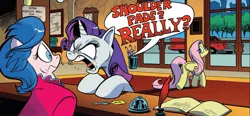 Size: 1334x617 | Tagged: safe, artist:andypriceart, derpibooru import, idw, fluttershy, rarity, unnamed character, unnamed pony, earth pony, pegasus, pony, unicorn, spoiler:comic, angry, dialogue, duo focus, faic, female, g4, image, jpeg, mare, rarity is not amused, speech bubble, unamused