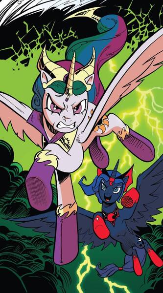 Size: 741x1334 | Tagged: safe, artist:andypriceart, derpibooru import, idw, princess celestia, princess luna, alicorn, pony, reflections, spoiler:comic, accord (arc), duo, evil celestia, evil counterpart, evil luna, female, g4, image, jpeg, mare, mirror universe