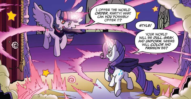 Size: 1320x688 | Tagged: safe, artist:tonyfleecs, derpibooru import, idw, rarity, twilight sparkle, twilight sparkle (alicorn), alicorn, pony, unicorn, ponies of dark water, spoiler:comic, cape, clothes, corrupted, dialogue, doctor doomity, duo, female, g4, image, jpeg, magic, magic aura, mare, speech bubble, tyrant sparkle