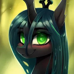 Size: 2048x2048 | Tagged: safe, ai content, derpibooru import, editor:ramprover, machine learning generated, prompter:ramprover, purplesmart.ai, stable diffusion, queen chrysalis, changeling, changeling queen, g4, blushing, bust, cute, derpibooru exclusive, ear fluff, female, generator:purplesmart.ai, high res, image, lidded eyes, looking at you, png, prompt in description, smiling, solo