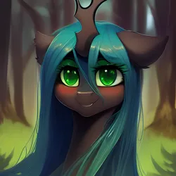 Size: 2048x2048 | Tagged: safe, derpibooru import, editor:ramprover, machine learning generated, purplesmart.ai, stable diffusion, queen chrysalis, changeling, pony, blushing, bust, cute, derpibooru exclusive, ear fluff, female, image, lidded eyes, looking at you, mare, png, smiling, solo