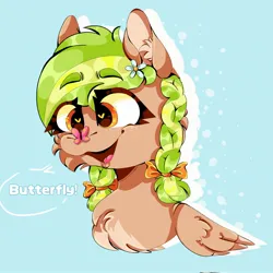 Size: 2048x2048 | Tagged: artist needed, safe, derpibooru import, oc, oc:sylvia evergreen, unofficial characters only, butterfly, insect, pegasus, pony, braid, braided pigtails, bust, butterfly on nose, chest fluff, ear fluff, flower, flower in hair, freckles, hair tie, image, insect on nose, jpeg, open mouth, pegasus oc, pigtails, solo, text, wings