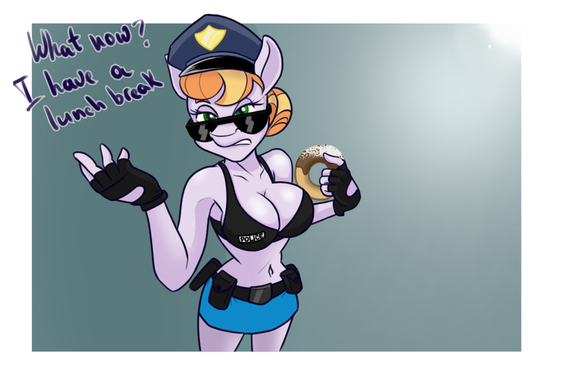 Size: 1200x800 | Tagged: suggestive, artist:furryfantan, derpibooru import, copper top, anthro, belly button, bra, breasts, clothes, donut, female, food, glasses, gloves, image, jpeg, police, simple background, solo, underwear, uniform