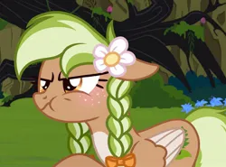 Size: 1460x1080 | Tagged: safe, artist:cstrawberrymilk, derpibooru import, oc, oc:sylvia evergreen, unofficial characters only, pegasus, pony, blushing, braid, braided pigtails, female, flower, flower in hair, forest, forest background, freckles, grumpy, hair tie, image, jpeg, mare, pegasus oc, pigtails, puffy cheeks, solo, tree, wings