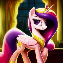 Size: 1024x1024 | Tagged: safe, derpibooru import, editor:dovakkins, machine learning generated, purplesmart.ai, stable diffusion, princess cadance, alicorn, pony, beautiful, curtains, cute, female, image, jewelry, png, raised hoof, regalia, smiling, solo, the crystal empire 10th anniversary, window