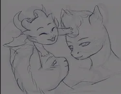 Size: 916x706 | Tagged: safe, artist:dklmsoda, derpibooru import, hitch trailblazer, sparky sparkeroni, zipp storm, pony, blushing, female, g5, hitchzipp, image, jpeg, looking at each other, looking at someone, male, mare, shipping, sketch, smiling, stallion, straight