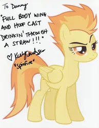 Size: 1262x1638 | Tagged: safe, derpibooru import, spitfire, pegasus, pony, the washouts (episode), autograph, female, image, kelly metzger, png, raised eyebrow, solo
