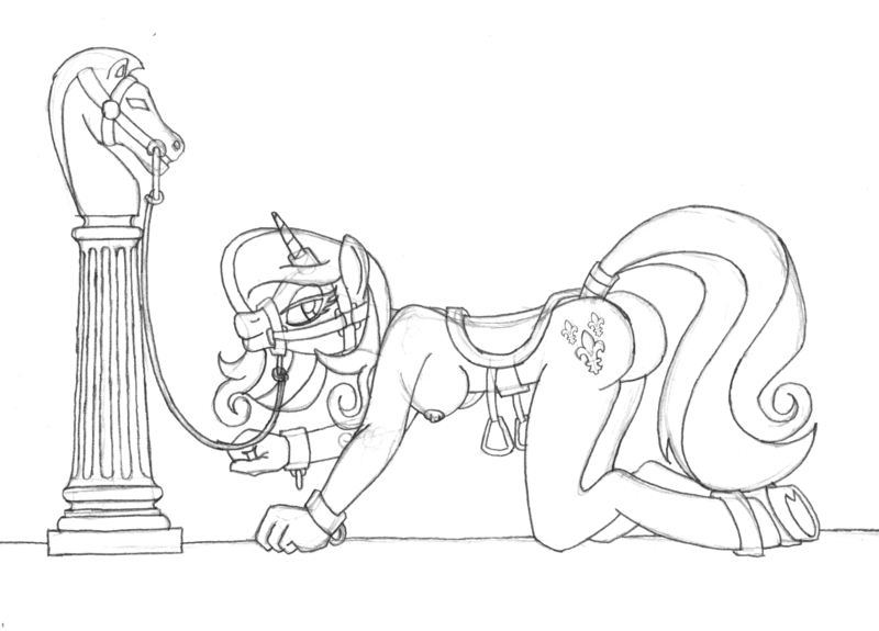 Size: 3282x2357 | Tagged: questionable, artist:supra80, derpibooru import, fleur-de-lis, anthro, unicorn, all fours, ankle cuffs, ass, bdsm, breasts, bridle, butt, cuffs, female, hitching post, horn, horn ring, horse head, image, jewelry, kinky, lead, magic suppression, monochrome, nipples, nudity, png, raised tail, ring, saddle, sketch, solo, solo female, stirrups, tack, tail, tail wrap, traditional art