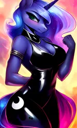 Size: 1536x2560 | Tagged: safe, derpibooru import, machine learning generated, stable diffusion, princess luna, alicorn, anthro, breasts, cleavage, clothes, eyelashes, female, image, latex, png, solo, wingless, wingless alicorn
