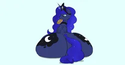 Size: 1600x838 | Tagged: suggestive, artist:athan, derpibooru import, edit, princess luna, alicorn, butt, eating, female, food, huge butt, image, impossibly large butt, large butt, moonbutt, png, simple background, smiling, the ass was fat, waffle