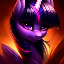 Size: 2048x2048 | Tagged: safe, derpibooru import, editor:ramprover, machine learning generated, purplesmart.ai, stable diffusion, twilight sparkle, alicorn, pony, bust, chest fluff, derpibooru exclusive, ear fluff, female, image, lidded eyes, looking at you, mare, png, smiling, solo