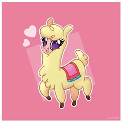 Size: 900x901 | Tagged: safe, artist:zailartx, derpibooru import, alpaca, them's fightin' herds, big eyes, community related, cute, heart, image, jpeg, open mouth, open smile, paprika (tfh), paprikadorable, pink background, raised hoof, simple background, smiling