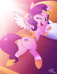 Size: 900x1171 | Tagged: suggestive, artist:lennonblack, derpibooru import, part of a set, pipp petals, pegasus, pony, bad, butt, g5, image, one eye closed, open mouth, pipp butt, png, saddle, tack
