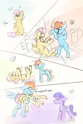 Size: 2000x3000 | Tagged: safe, artist:bluestarsburst, derpibooru import, fluttershy, rainbow dash, twilight sparkle, twilight sparkle (alicorn), alicorn, pegasus, pony, comic, faint, fainting goat, holding a pony, image, jpeg, lying down, on back, scared, spooked, upside down