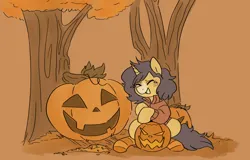 Size: 3000x1920 | Tagged: safe, artist:2k.bugbytes, ponybooru import, oc, oc:flash reboot, unofficial characters only, pony, unicorn, clothes, eyes closed, female, grin, halloween, holiday, image, jack-o-lantern, jacket, mare, png, pumpkin, sitting, smiling, socks, solo, tree