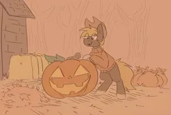 Size: 2846x1920 | Tagged: safe, artist:2k.bugbytes, ponybooru import, oc, oc:acres, unofficial characters only, earth pony, pony, clothes, cowboy hat, halloween, hat, hay bale, holiday, image, jack-o-lantern, leaf pile, male, open mouth, open smile, png, pumpkin, smiling, solo, stallion, stetson, sweater