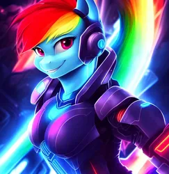 Size: 1492x1536 | Tagged: safe, artist:lombaxjenni, derpibooru import, machine learning generated, purplesmart.ai, stable diffusion, neon lights, rainbow dash, rising star, anthro, pegasus, image, jpeg, neon