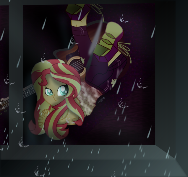 Size: 6129x5783 | Tagged: suggestive, artist:lincolnbrewsterfan, derpibooru import, sunset shimmer, anthro, equestria girls, equestria girls series, let it rain, my little pony: the movie, spoiler:eqg series (season 2), .svg available, acoustic guitar, ankle boots, ankles, anniversary, bare shoulders, boots, breasts, butt, cleavage, clothes, crossed fingers, cyan eyes, dark, derpibooru exclusive, fanart, female, fingers, glass, glitter, guitar, heeled boots, high heel boots, image, inkscape, legs, long hair, long mane, looking up, movie accurate, musical instrument, night, november, outdoors, pants, png, pocket, rain, raised leg, relaxed, shading, shadow, shoe dangling, shoelaces, shoes, sleeveless, smiling, solo, solo female, special, spread legs, spreading, style emulation, taylor guitar, teal eyes, two toned hair, two toned mane, underfoot, vector, window, window pane, windowsill