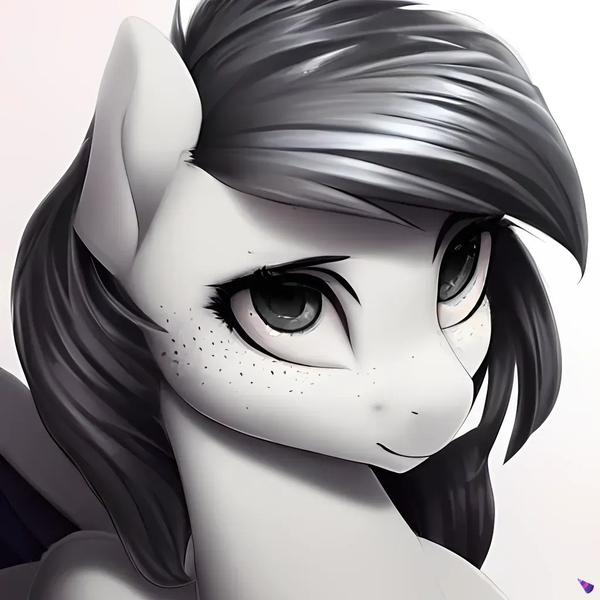 Size: 1024x1024 | Tagged: safe, derpibooru import, machine learning generated, purplesmart.ai, stable diffusion, oc, oc:pepper pimienta, pegasus, pony, black hair, black tail, bust, female, freckles, gray eyes, image, jpeg, mare, pegasus oc, portrait, smiling, tail, white fur, wings