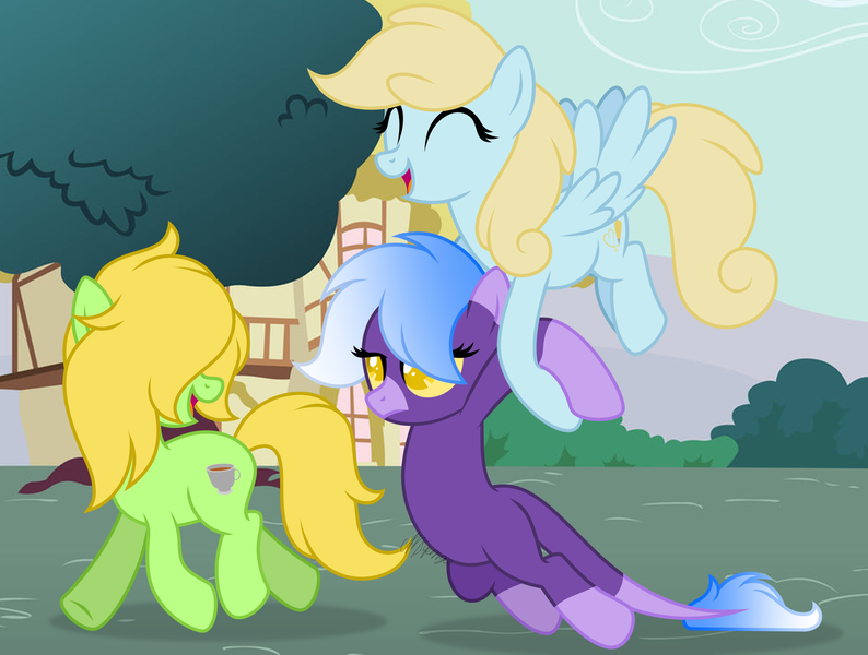 Size: 4806x3630 | Tagged: safe, artist:feather_bloom, derpibooru import, oc, oc:buttercream flow, oc:gingerpop, oc:starfall, earth pony, original species, pegasus, pony, detailed background, dragging, flying, happy, image, png, unamused