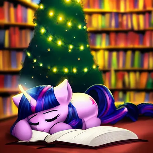 Size: 512x512 | Tagged: safe, derpibooru import, machine learning generated, purplesmart.ai, stable diffusion, twilight sparkle, unicorn, book, bookshelf, christmas, christmas tree, eyes closed, female, glow, glowing horn, holiday, horn, image, indoors, library, lights, lying down, png, sleeping, solo, tree, unicorn twilight
