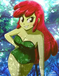 Size: 720x929 | Tagged: safe, artist:the-butch-x, derpibooru import, apple bloom, human, equestria girls, blushing, breasts, busty apple bloom, cleavage, commission, female, forest, grin, image, jpeg, looking at you, older, older apple bloom, sexy, smiling, smiling at you, solo, tree