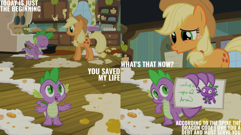Size: 4400x2475 | Tagged: safe, derpibooru import, edit, edited screencap, editor:quoterific, screencap, applejack, spike, dragon, earth pony, pony, spike at your service, applejack's hat, bowing, card, confused, cowboy hat, dialogue, female, hat, image, kitchen, male, mare, messy, png, quote, text