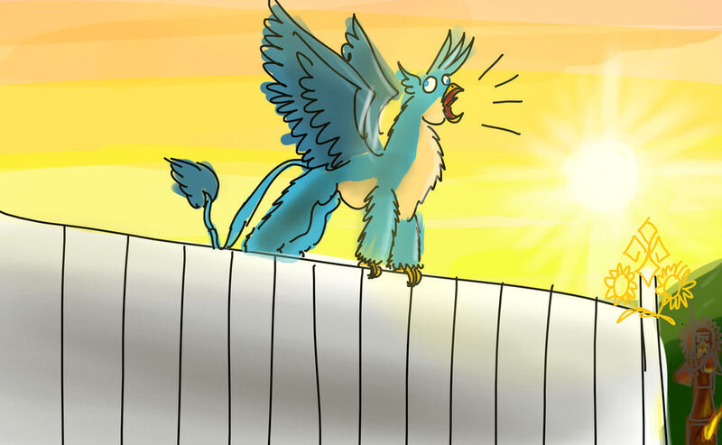 Size: 1024x631 | Tagged: safe, artist:horsesplease, derpibooru import, gallus, crowing, dazhbog, derp, fence, gallus the rooster, gallusposting, idol, image, jpeg, morning, paganism, shrine, sunrise