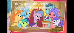 Size: 1600x720 | Tagged: safe, derpibooru import, edit, edited screencap, screencap, queen haven, unnamed character, unnamed pony, pegasus, pony, my little pony: tell your tale, spoiler:g5, spoiler:my little pony: tell your tale, spoiler:tyts01e35, cherry flyaway, child, colt, family, female, filly, foal, food, g5, image, implied sandbar, jpeg, male, mare, monocle, not cookie crumbles, not sandbar, panic on harvest & hugs day, photo, pie, queen, stallion, text, the last supper, younger