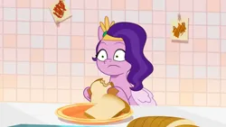 Size: 3072x1727 | Tagged: safe, derpibooru import, screencap, pipp petals, pegasus, pony, my little pony: tell your tale, spoiler:g5, spoiler:my little pony: tell your tale, spoiler:tyts01e35, bread, female, food, frown, g5, high res, image, jpeg, making a meal of it, mare, panic on harvest & hugs day, shrunken pupils, solo, youtube link