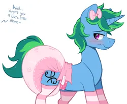 Size: 1527x1255 | Tagged: suggestive, artist:shuphle, derpibooru import, oc, unofficial characters only, pony, unicorn, clothes, crossdressing, diaper, diaper fetish, fetish, girly, image, male, png, simple background, sissy, socks, solo, solo male, striped socks, white background