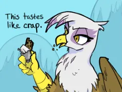 Size: 2709x2042 | Tagged: safe, artist:anonymous, gilda, gryphon, /mlp/, 4chan, crumbs, dialogue, disgusted, drawthread, eating, frown, granola bar, holding, image, looking at something, mountain, partially open wings, png, simple background, sitting, solo