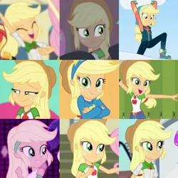 Size: 720x720 | Tagged: safe, artist:megalobronia, derpibooru import, edit, screencap, applejack, cheer you on, do it for the ponygram!, eqg summertime shorts, equestria girls, equestria girls (movie), equestria girls series, fluttershy's butterflies, get the show on the road, holidays unwrapped, i'm on a yacht, mirror magic, tip toppings, tip toppings: applejack, spoiler:eqg series (season 2), spoiler:eqg specials, applejack's hat, collage, cowboy hat, fluttershy's butterflies: applejack, hat, image, jpeg, saving pinkie's pie