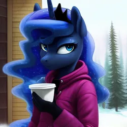 Size: 1024x1024 | Tagged: safe, derpibooru import, editor:dovakkins, machine learning generated, purplesmart.ai, stable diffusion, princess luna, alicorn, anthro, beautiful, clothes, crown, cup, female, forest, forest background, gloves, image, jacket, jewelry, png, regalia, smiling, snow, solo, tree, winter